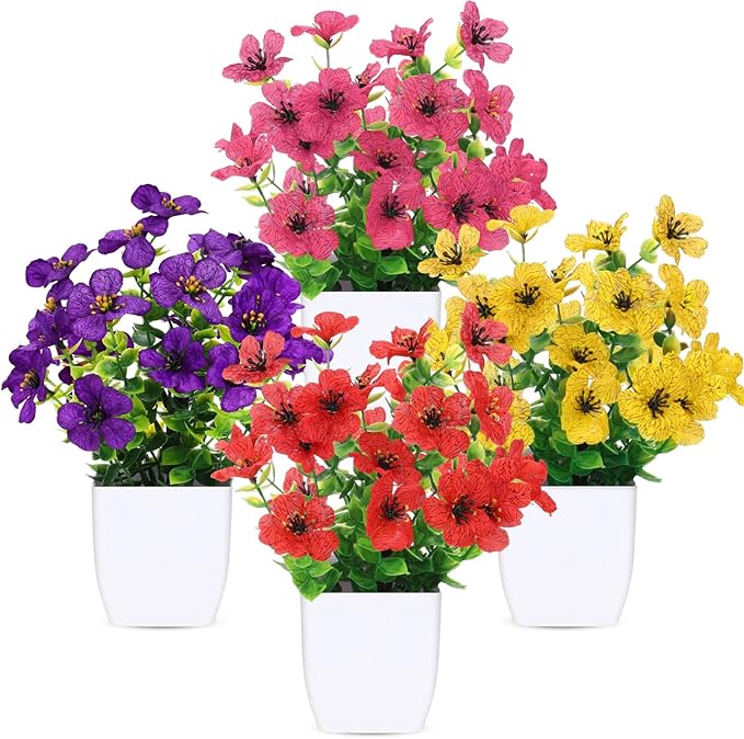 CEWOR Fake Plants 4 Packs Small Faux Potted Flower Daisy with Eucalyptus Leaves Decorations for Desk Bathroom Office Home Room Table Decor Indoor Outdoor