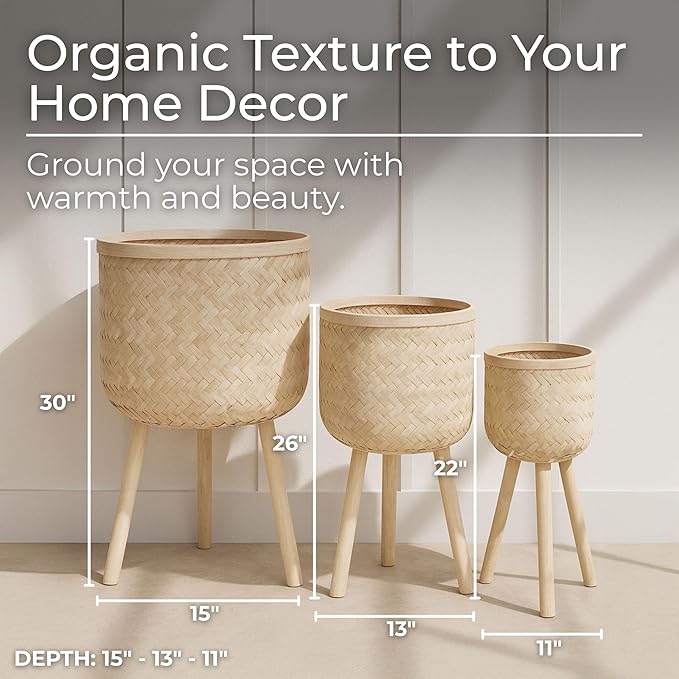 Set of 3 Decorative Planter Pots with Wooden Legs – Bamboo & Pine – Indoor & Outdoor Modern Plant Pot – Decorative Pots for Plants & Home Decor Planters – 22", 26", 30", White