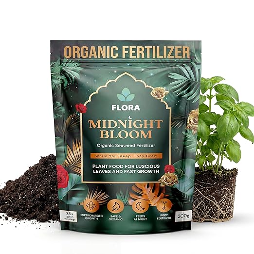 Flora Midnight Bloom Organic Seaweed Fertilizer Powder – 200g | Bio-Organic Plant Food for Indoor & Outdoor Plants | Fast Root Growth & Leaf Boost | Feeds at Night | 35+ Waterings