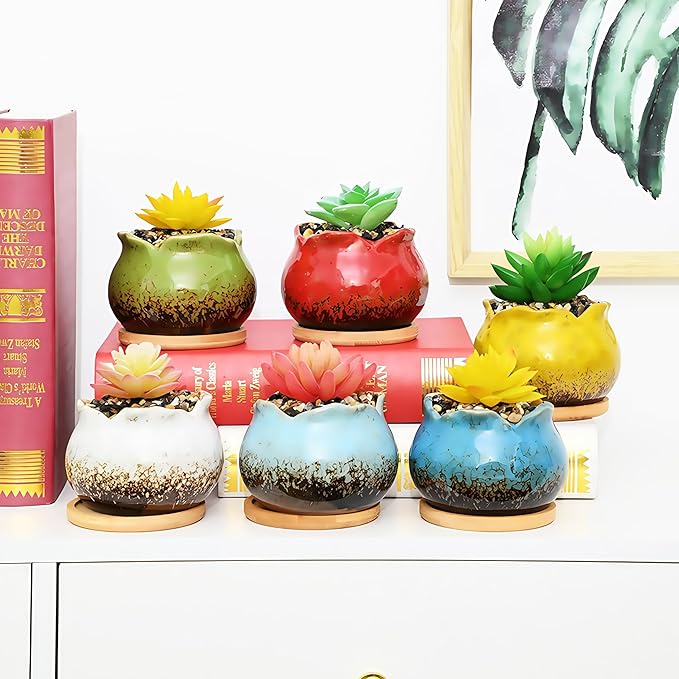 Cute Circular Ceramic Home Garden Decoration Succulent Cactus Flower Pots Container with Bamboo Tray -Plant Not Included (Green, 4 Inch)