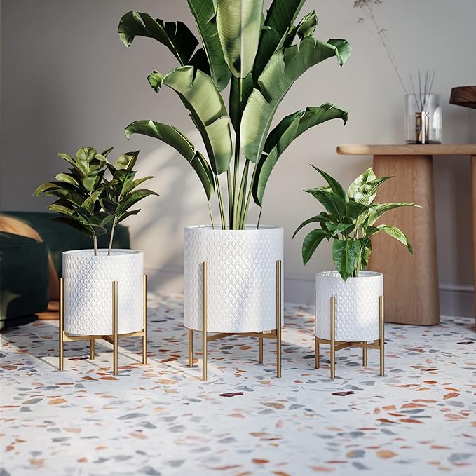EverNest Claire Mid-Century Modern White Planter with Loki Stand, Indoor Plant Pot, SelectBase, Minimalist Aesthetic, Home Decor for Plants - (Gold Base, Set of 3)