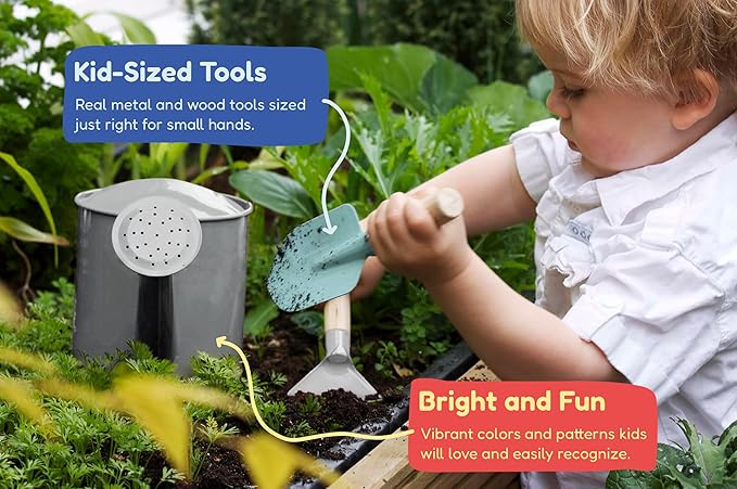 Kinderific Gardening Set, Tool Kit, for Kids, STEM, Includes Tote Bag, Spade, Watering Can, Rake, Fork, Trowel and Gloves (Camo Quest)