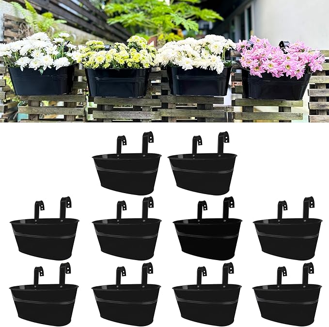LaLaGreen Outdoor Plants Rail Planter (11.2 Inch, 10 Pack) Black Metal Iron Hanging Flower Pots Deck Railings Fence Buckets Modern Boho Style Wall Mount Window Box Plant Holder Hooks Porch Home Decor