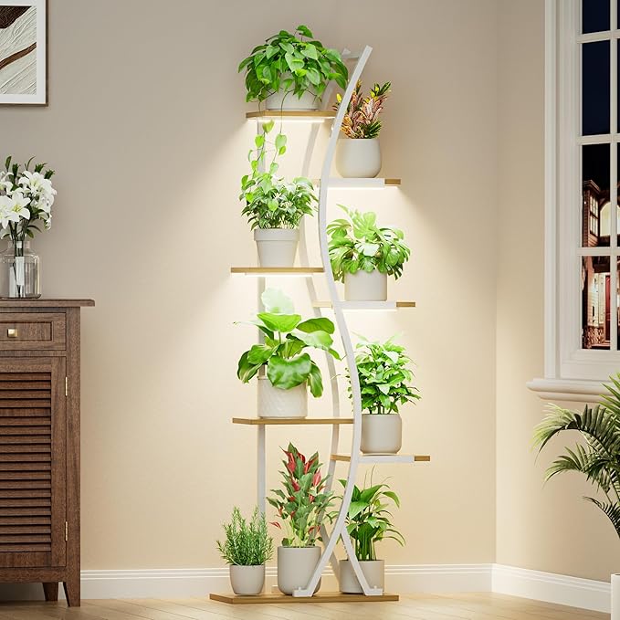 MJOMKN 62" Plant Stand Indoor with Grow Lights - 7 Tiered Tall Metal Plant Shelf - Corner Wooden Plant Stand for Indoor Plants Multiple, Large S-Shape Flower Rack Holder for Living Room, Garden, Patio Decor
