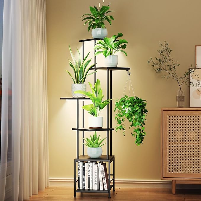 Homsorout Plant Stand Indoor with Grow Light, 6-Tiered Tall Plant Stand Indoor, Metal Plant Shelf with Hanging Basket Hook and Adjustable Light, Ideal for Living Room, Garden, Patio, Black
