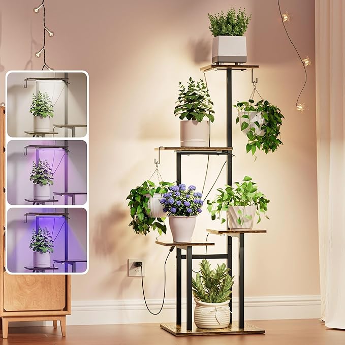 Plant Stand Indoor with Grow Lights, 46" Metal Corner Plant Shelf with 3 LED Lights, 2 Hanging Hooks, 5-Tiered Tall Plant Flower Holders for Living Room, Garden, Patio (Black Brown)