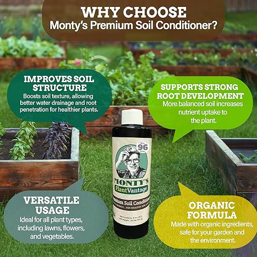 Monty’s Premium Liquid Soil Conditioner – Liquid Aeration Soil Conditioner with Humic Acid for All Soil Types, Increases Moisture & Nutrient Retention, Enhances Health & Microbial Activity – 8 oz