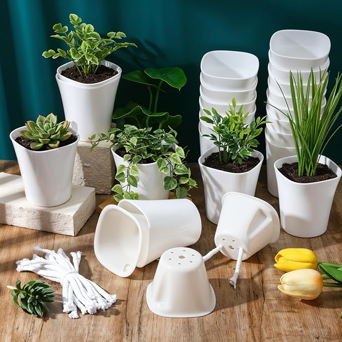 Kifmurase 20 Pcs Self Watering Pots for Indoor Planters, 3 Inch Plastic Self Watering Planter Pot Garden Flower Pots with Water Level Indicator Vents for Succulents (White)