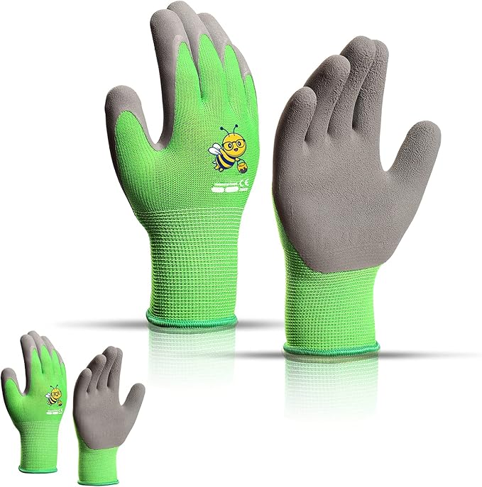KDK Ages 3-5 Kids Gardening Gloves,Yard Work Gloves for Toddlers, Youth, Girls, Boys, Childrens, Soft Safety Rubber Gloves (XXXS Age 3-5, 2 Pairs Green Bee)