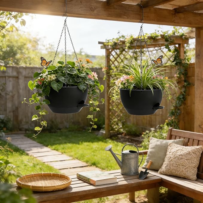 UOUZ 13 Inch 2 Pack Large Self Watering Hanging Planters for Indoor Outdoor Plants, Hanging Plant Pots with Removable 50 Oz Reservoir, Plastic Hanging Basket for Window Porch Garden Balcony, Black