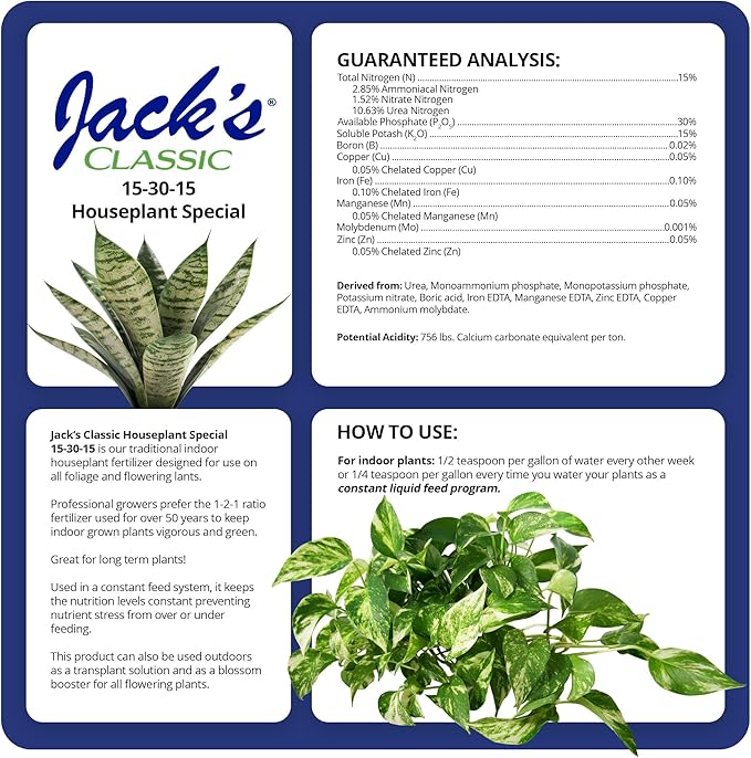 Jack's Classic 15-30-15 Houseplant Special Water-Soluble Fertilizer with Micronutrients to Green-Up and Increase Blooms in Houseplants, 8oz, 2 Pack