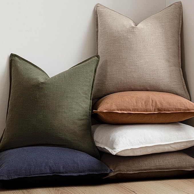 Foindtower Set of 2, Decorative Linen Soild Throw Pillow Covers Soft Accent Cushion Euro Case Boho Farmhouse Pillowcase for Chair Couch Sofa Bedroom Living Room Home Decor 26 x 26 Inch Natural Linen