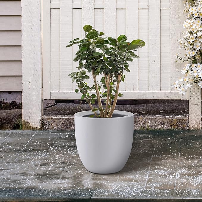 Kante 16.5" Dia Round Concrete Planter, Large Outdoor Modern Indoor Decorative Plant Pots with Drainage Hole and Rubber Plug for Home and Garden, Pure White