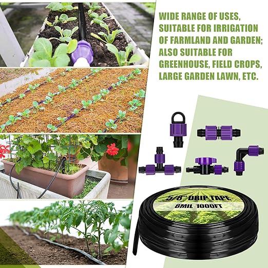 Tondiamo 250' 5/8 Inch Drip Tape Irrigation Tubing Kit 8 Mil 6" Spacing Garden Hose Watering Tube Line Automatic Equipment for Garden Irrigation System Farms, Landscape, Lawn