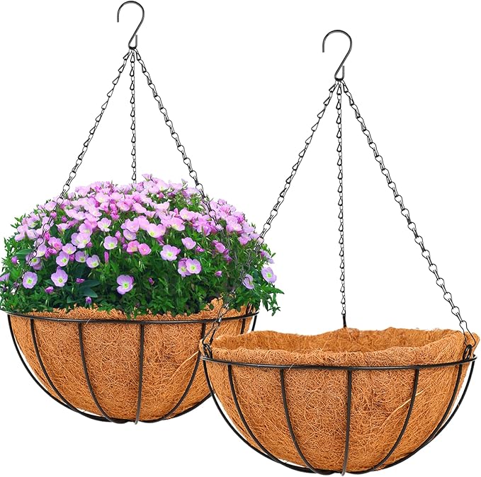 HKZ Hanging Basket Planter Plants Outdoor - 2 Pack 12 Inch Metal Hanging Planter with Coco Liners, Chain Hook Hanging Flower Pots for Indoor Outdoor Garden Porch Decoration