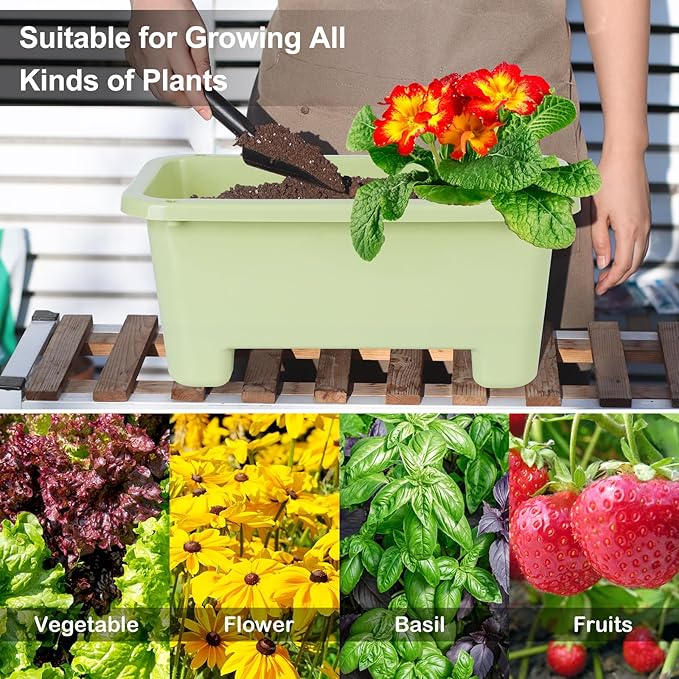 Oliz Self-Watering Rectangle Planter Boxes 8-Pack, 15.7-Inch Window Box Planter with Drainage Holes & Trays, Pots for Vegetables, Herbs, Flowers, Garden Windowsill Balcony (Light Green)