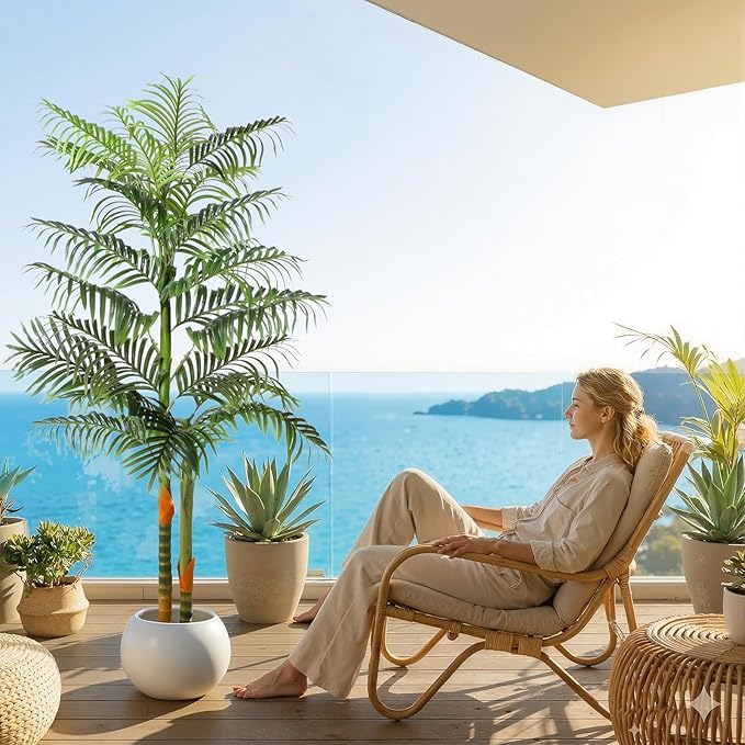 6FT Artificial Palm Tree Tall Plant with Planter & Moss, Realistic 2-Trunk Artificial Tree with Lights, Lifelike Leaves Fake Palm Tree, Low Maintenance Palm Tree Decor for Home Office Living Room
