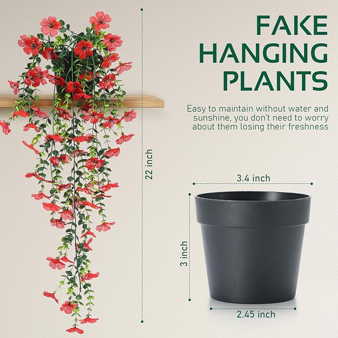FAVOWREATH Fake Plants Hanging Artificial Potted Faux Eucalyptus Plants and Flowers for Modern Boho Farmhouse Bathroom Office Desk Wall Book Shelf Living Room Aesthetic Decor Indoor (Red)