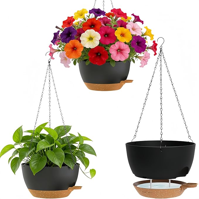 3 Pack Hanging Planters for Indoor Outdoor Plants, 10 Inch Self Watering Hanging Pots for Plants, Plastic Hanging Flower Baskets for Plants Hanger with Drainage and Tray, Chain (Black Brown)