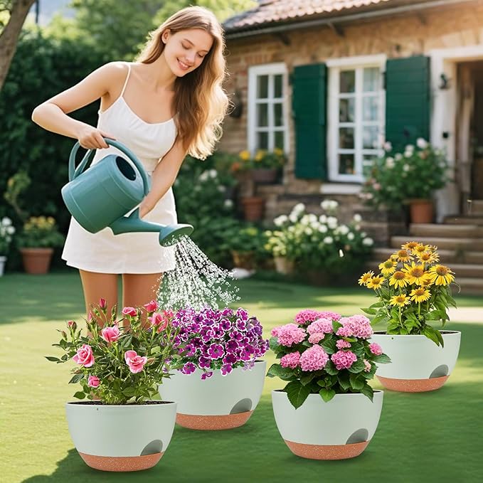 Vanslogreen Plant Pots 12inch Self Watering Pots, Set of 2 Plastic Planters with Drainage Holes and Saucers, Flower Pots for Indoor Outdoor Plants (Green)