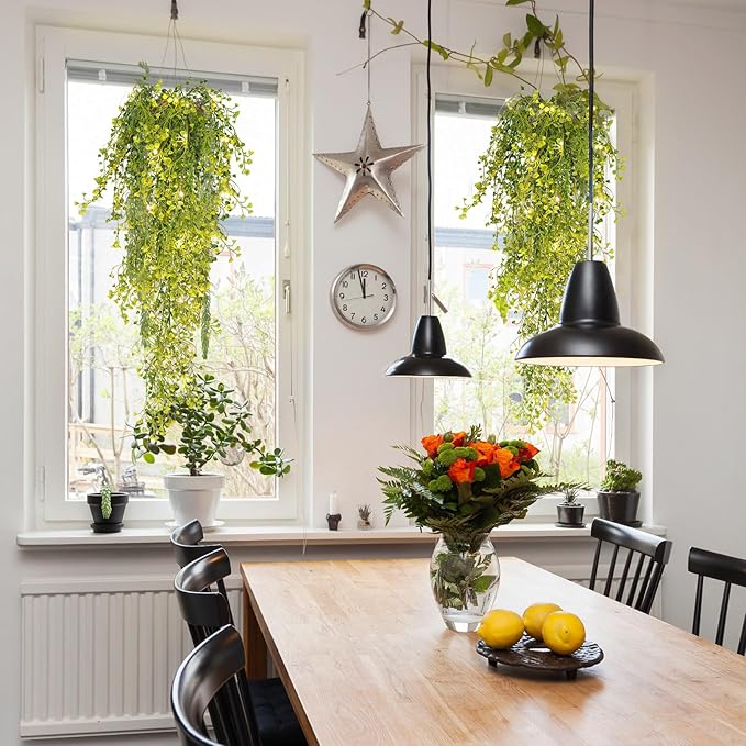 RECUTMS 4Pcs Artificial Hanging Ferns Plants with 30 Lights Fake Ivy Vine Faux Greenery Garland for Porch Fence Patio Yard Wedding Party Indoor Outdoor Decorations (Yellow)