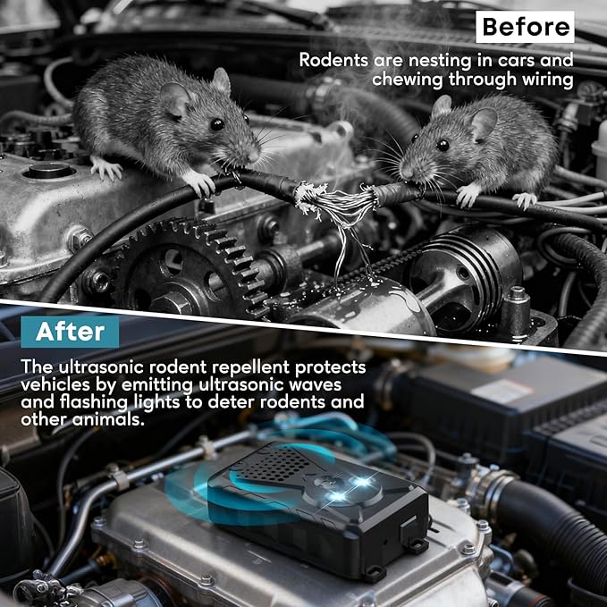 Ultrasonic Pest & Rodent Mouse Squirrels Repellent,1 Pack Plug-in Electronic Rat Bat Bug Spider Repeller, Battery Operated Deterrent Control Mice for Car Engines, Replace Mouse Traps Indoor, Outdoor