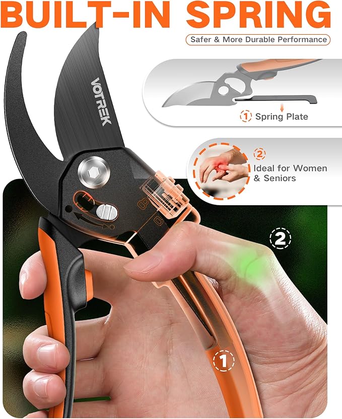 8.5" Pruning Shears for Gardening, 【Unique Stepless Handle Opening】Professional Bypass Garden Clipper, Heavy Duty Plant Pruners for Branch 【SK5 Steel Blades】【All Hand Sizes】,Bright Orange