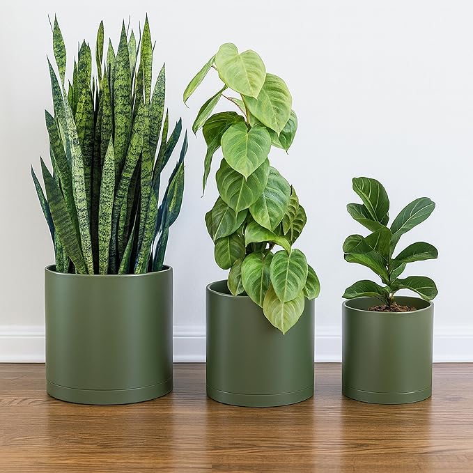 D'vine Dev 10 Inch 12 Inch 14 Inch, Set of 3 Plastic Planter Pots for Plants with Drainage Hole and Seamless Saucers, Olive, XX-Large, 74-V-I-6