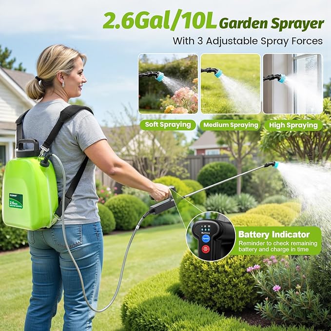 Battery Powered Backpack Sprayer 2.6Gallon, Electric Sprayer with 3-Adjustable Sprayings, Battery Indicator, 5 Nozzles, 41" Retractable Wand, Rechargeable Garden Sprayer for Weed, Lawn&Yard
