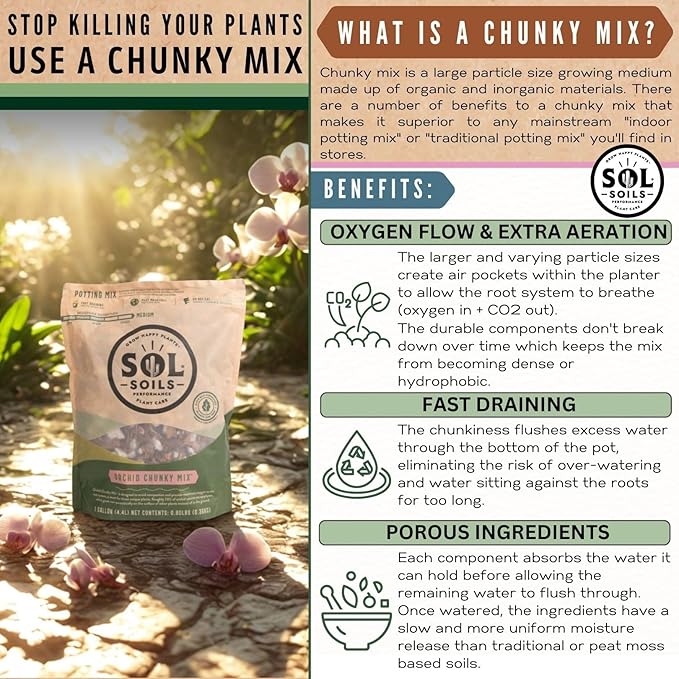 Sol Soils Chunky Orchid Potting Mix - 100% Peat-Free, Lightweight, and Aerated with Coconut Husk, Perlite & Recycled Forest Products for Fast Draining, Healthy Orchids - 1 Quart