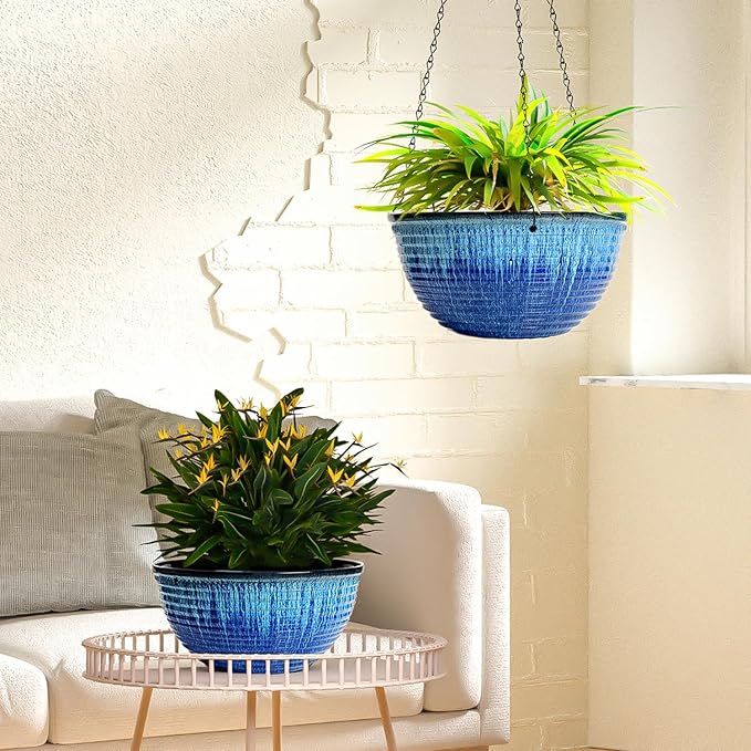 Vanslogreen 2 Pack Hanging Planters for Indoor Outdoor Plants, 10 Inch Hanging Planter with Drainage Hole & Plug Glazed Hanging Baskets Flower Pots for Garden Home (Blue Flow Glaze)
