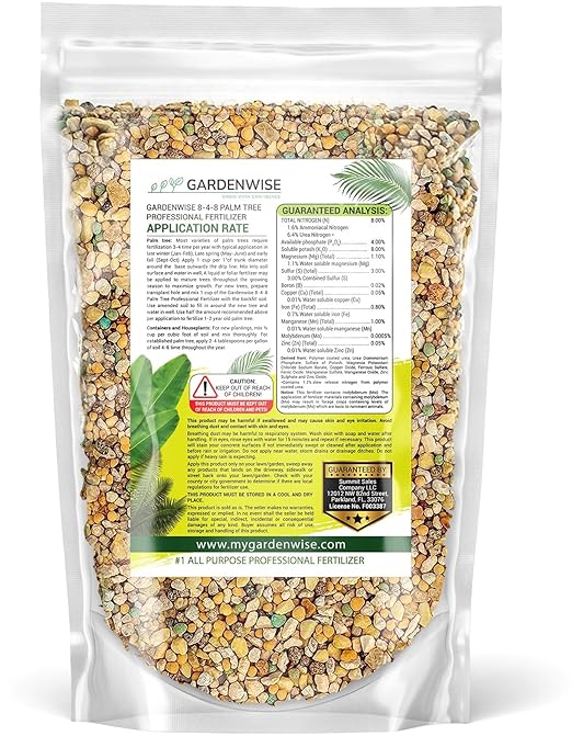 Gardenwise 8-4-8 Professional Palm Tree Fertilizer Plant Food; for Indoor Potted Plants and Outdoor Landscape Palm Trees; Quick-Release Nitrogen Fertilizer and Continuous Feeding (3 QUARTS)
