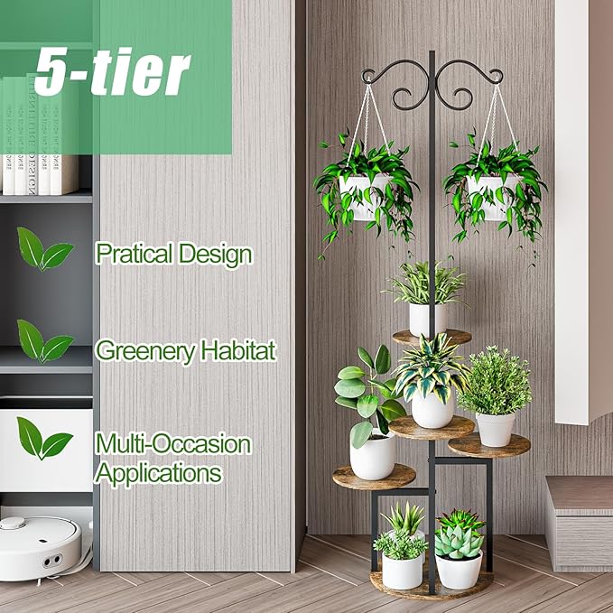 INGIORDAR Plant Stand Indoor Outdoor Corner Flower Stands Multiple Flower Pot Holder for Patio Garden Balcony Living Room 5 Tier with hook Black+Rustic Brown