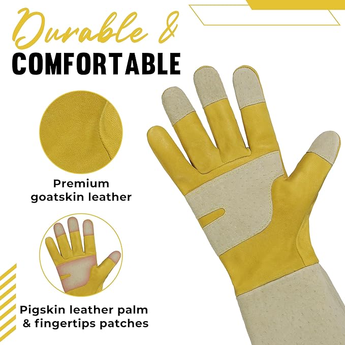 HANDLANDY Rose Pruning Gardening Gloves for Men Women, Thorn Proof Forearm Protection Leather Garden Gloves, Gardening Gifts for Gardeners (Butter Yellow, Small)