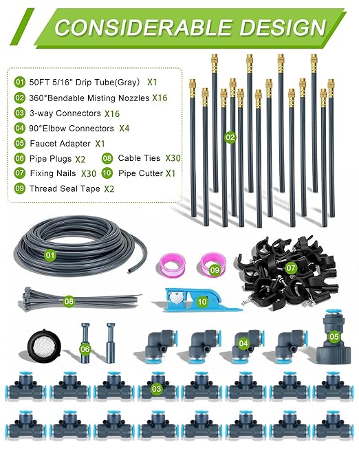 Drip Irrigation System 360° Adjustable - 2026 Upgraded 50FT Garden Watering System with 16 Nozzles and 90° Elbow, Greenhouse Drip Irrigation Kit for Garden, Yard, Lawn, Plants, 5/16in HDPE Hose(Gray)