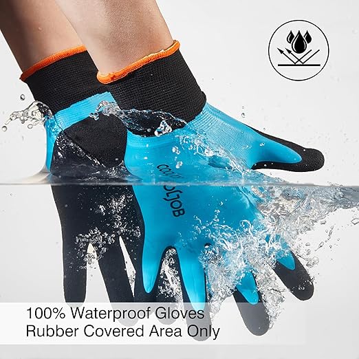 COOLJOB Waterproof Gardening Work Gloves with grip for Women & Men, Double Rubber Coated for Garden Yard Outdoor Construction Worker, Blue X-Large Size 2 Pairs