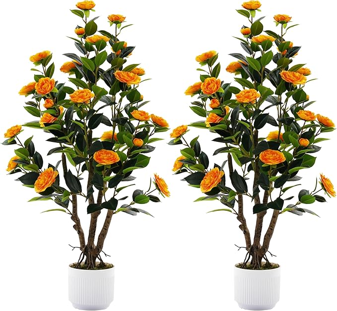 2 Pack Artificial Camellia Tree with White Pot, 38" Faux Potted Plants for Indoor Outdoor Decor, Tall Silk Greenery Plant for Home Offce Living Room Balcony,White, Orange