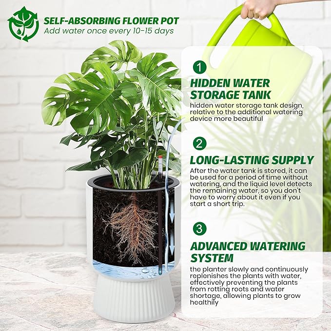 14 Inch Plant Pots, Self Watering Planters Set of 2 with Drainage Holes, Tall planters for Indoor Plants, Flower Pots with Water Level Monitor, for Patio, Porch, Living Room, Home Office, White