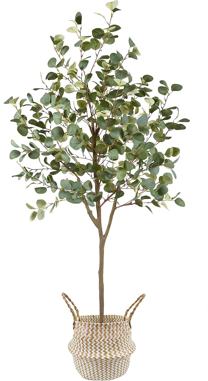 Warmplants Artificial Eucalyptus Tree, 6ft Tall Fake Eucalyptus Plant with Basket, Green Silver Dollars Silk Leaves Faux Tree for Home Office Livingroom Floor Decor Indoor