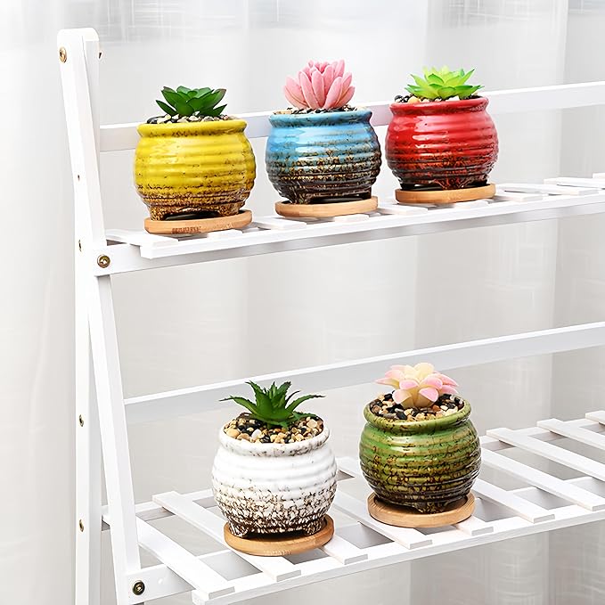 Cute Circular Ceramic Home Garden Decoration Succulent Cactus Flower Pots Container with Bamboo Tray -Plant Not Included (Yellow, 3.8 Inch)