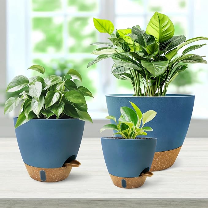 MNKXL 12"/10"/9"/8" Self Watering Pots with Visual Water Window,Extra Large Self Watering Plant Pots with Drainage Holes & Saucers,Blue Planters for Indoor Plants,4-Pack