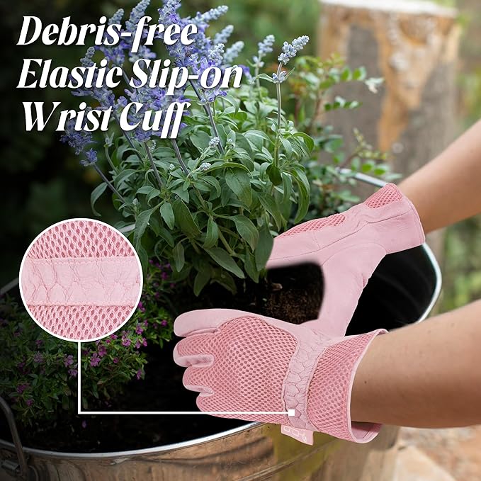 HANDLANDY Work Gloves for Women, Breathable Leather Gardening Glove for Yard Maintenance, Hand Protection with Touch Screen