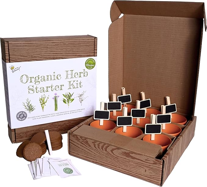 Buzzy Organic Herb Starter Kit – 9 Terracotta Pots, Organic Seeds & Soil Pellets – Indoor Herb Garden Kit with Plant Markers, Chalk & Instructions – Grow Fresh Basil, Parsley, Cilantro & More