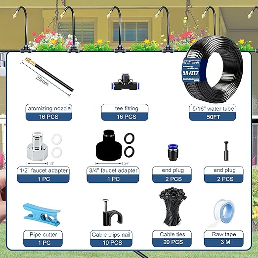 Dianrui 360° Curved Garden Automatic Irrigation System—50FT Drip Irrigation System for Garden,Lawn & Raisedbed & Greenhouse Watering Equipment, Drip Irrigation Kit with Adjustable Copper Nozzles 5/16"