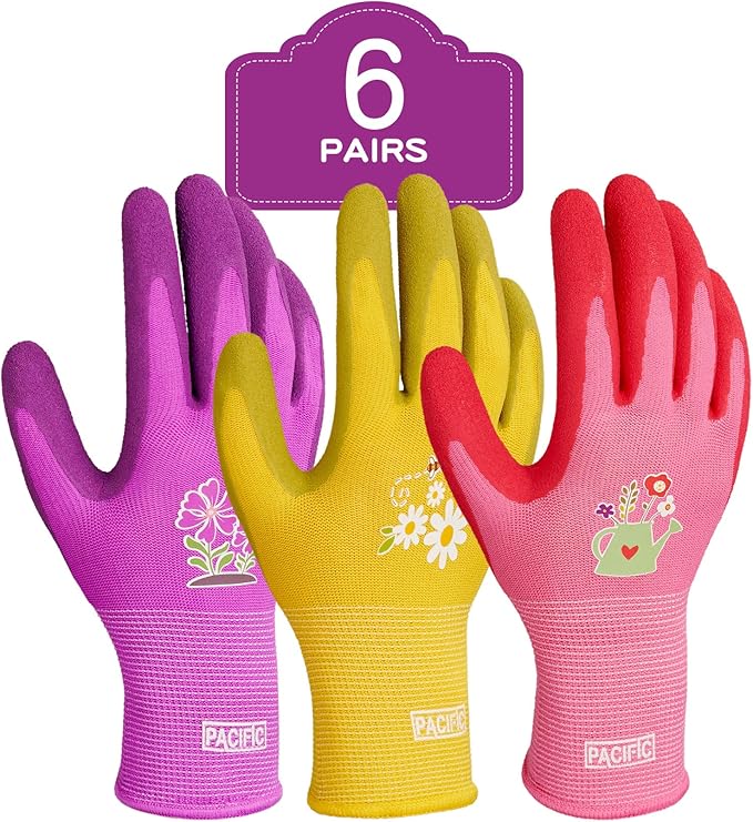 PACIFIC 6 Pairs Gardening Gloves for women, Rubber Coated Garden Gloves, Ladies Yard Work Gloves, Breathable, Purple & Yellow & Red, Medium