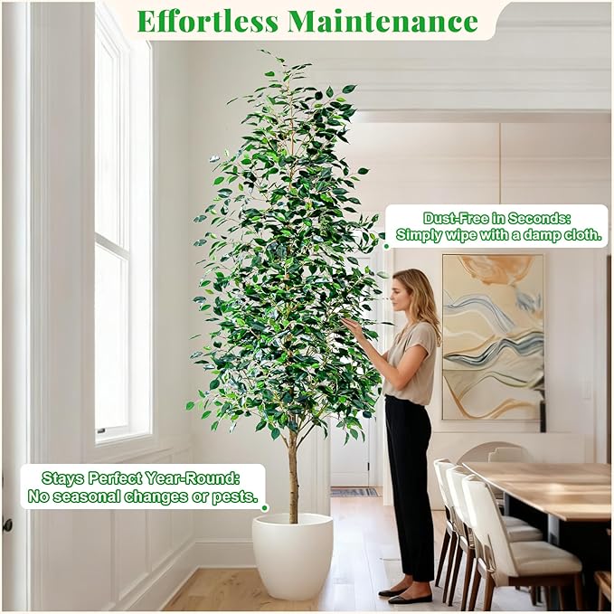 Bailikang 8FT Artificial Ficus Trees Indoor Faux Trees Indoor Fake Floor Plants Tall Artificial Tree with White Pot Faux Tree Fake Indoor Tree Silk Plants Artificial Trees for Home Decor Indoor