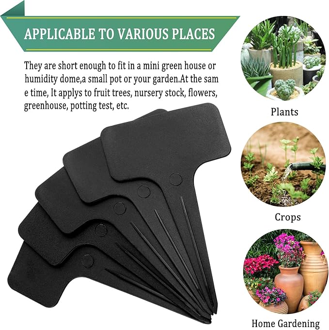 Whaline 100 Pcs Plastic Plant Labels Black T-Type Garden Stake Tags Waterproof Plant Markers Reusable Plants Signs for Outdoor Indoor Nursery Potted Plants Seed with A White Marker Pen (6 x 10 cm)