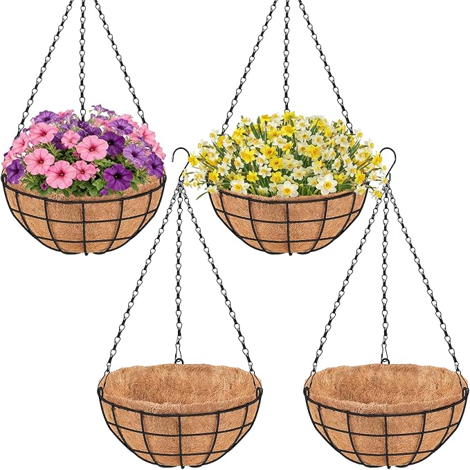 16 inch Hanging Baskets for Plants Outdoor, 4 Pack Large Hanging Planters for Indoor Outdoor Plants, Round Wire Hanging Flower Pots with Coconut Coir Liners for Garden, Deck, Porch, Balcony