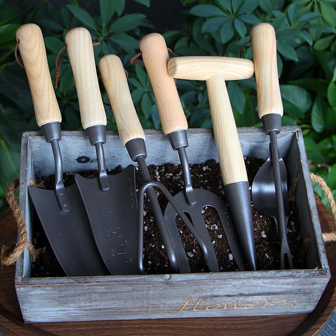 Japanese Gardening Tools Set, 6 Pcs Garden Tools Set, Black Painted Stainless Steel Heavy Duty Gardening Tools Kit, Hand Trowel, Dibble, Hand Rake, Weeder, Transplanter and Hand Folk…