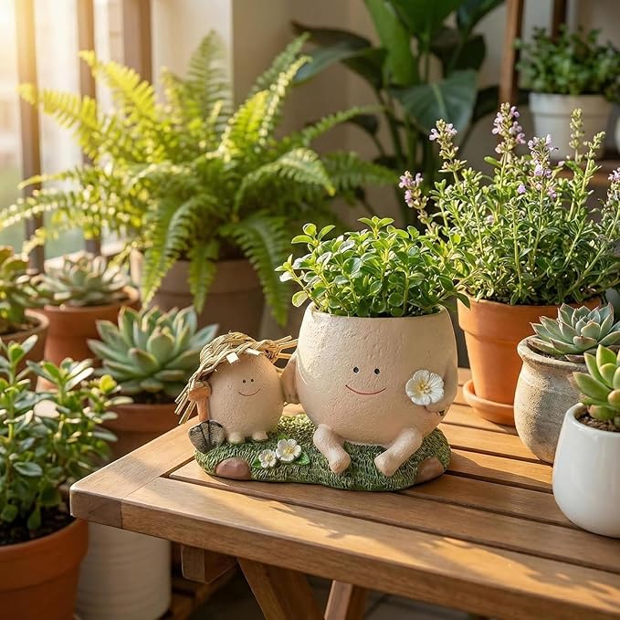 TEARS OF GAIA Lovely Face Planter Pot, Cute Resin Flower Head Planters with Drainage, for Mom, Funny Succulent Plant Lover Gift, Unique Gift Ideal for Plant Lovers (Parent-Child Time)